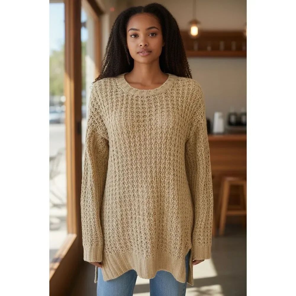 Rue 21 Womens Pullover High-Low Tunic Size Small Taupe Crochet Knit Sweater